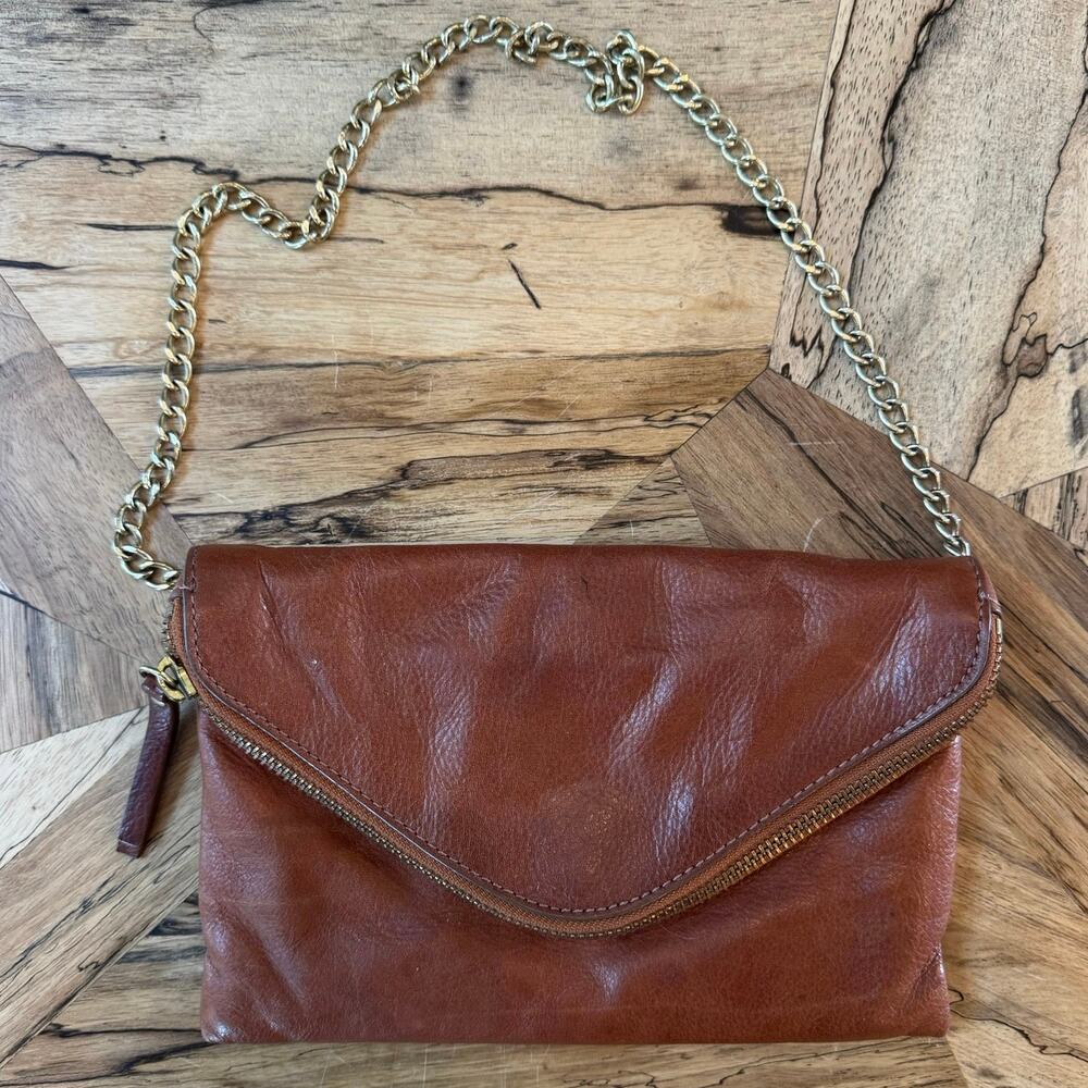 J.Crew Invitation Leather Envelope Clutch Chain Crossbody Bag Cognac Brown